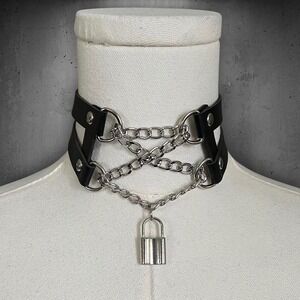 Black PU Chain Choker Lock Pendant Necklace